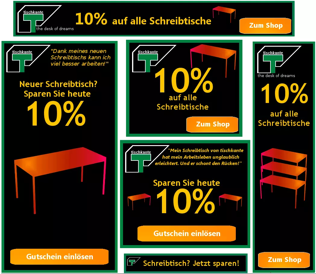 Ein Schreibtisch als visuelles Element auf Werbeanzeigen unterschiedlicher Größe