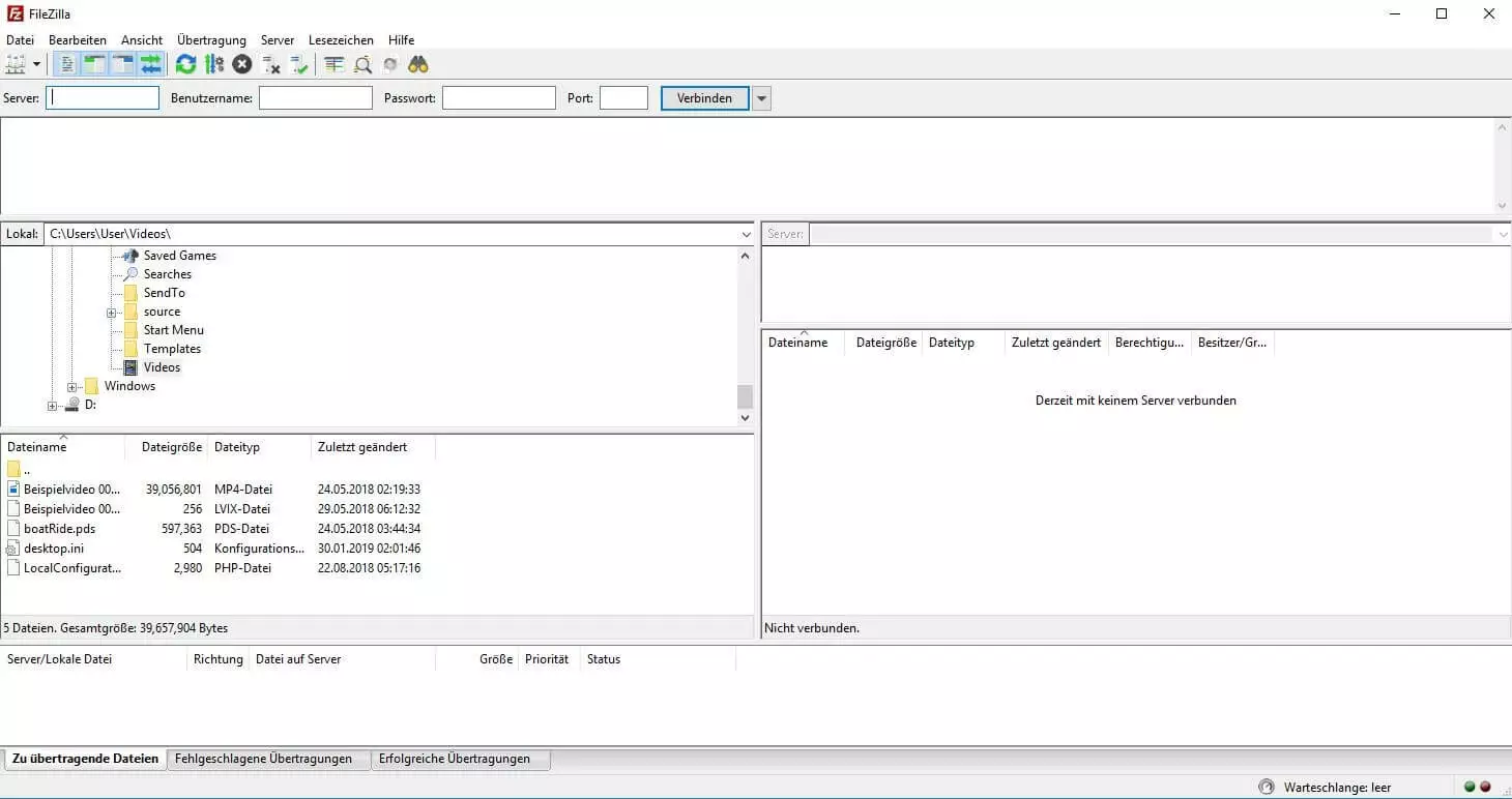 Benutzeroberfläche von FileZilla