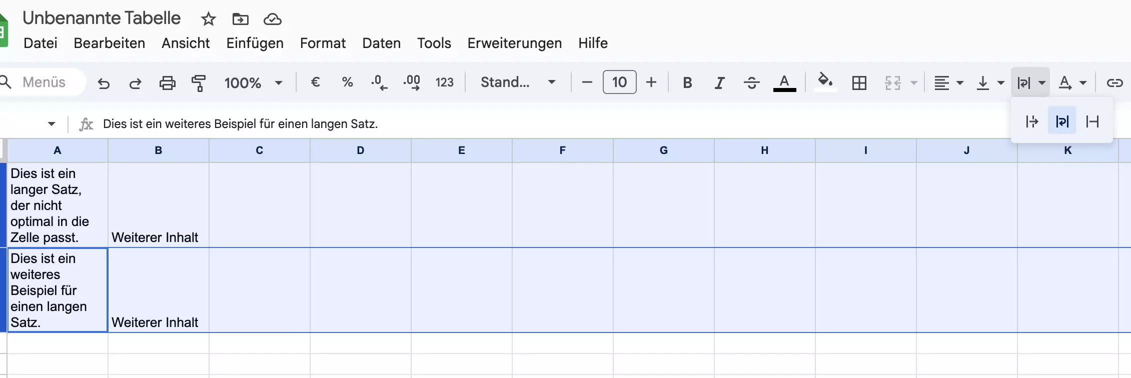 Screenshot eines automatischen Zeilenumbruchs in Google Sheets