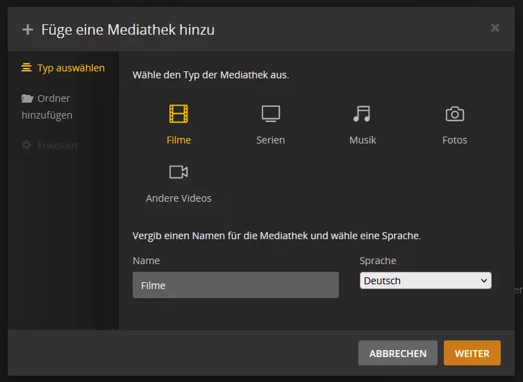 Hinzufügen einer neuen Mediathek für den Plex Media Server