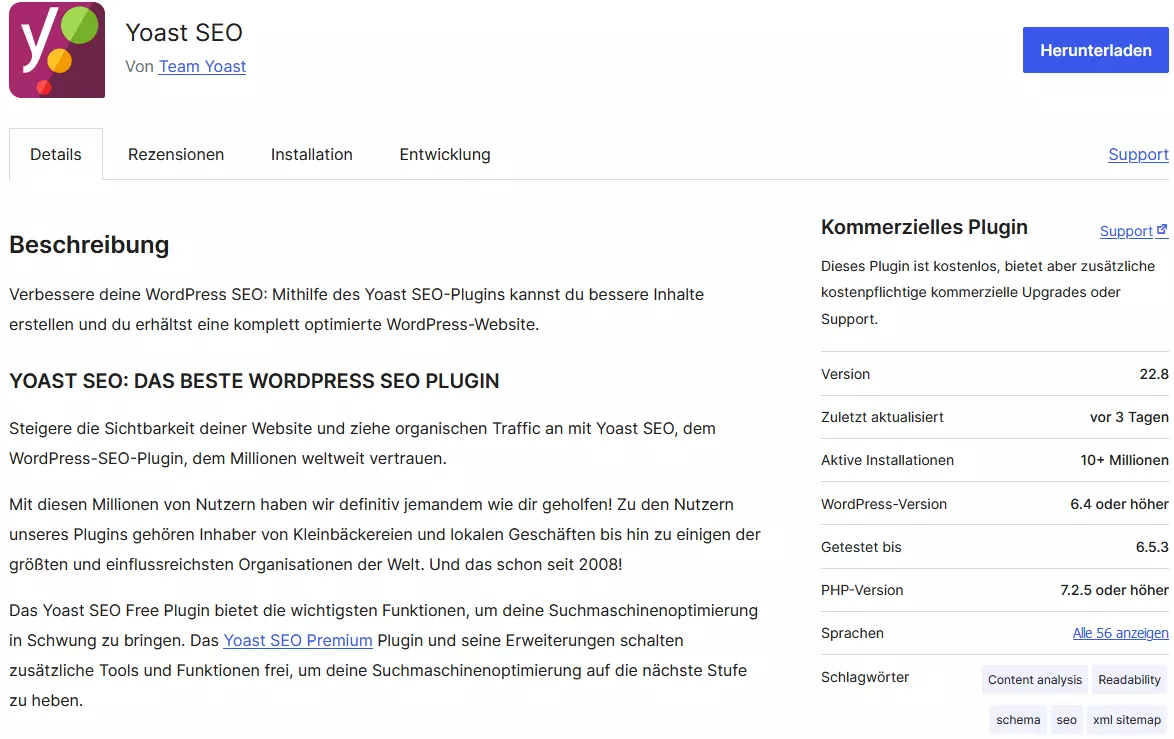 Plugin-Vorstellung von Yoast bei WordPress.org