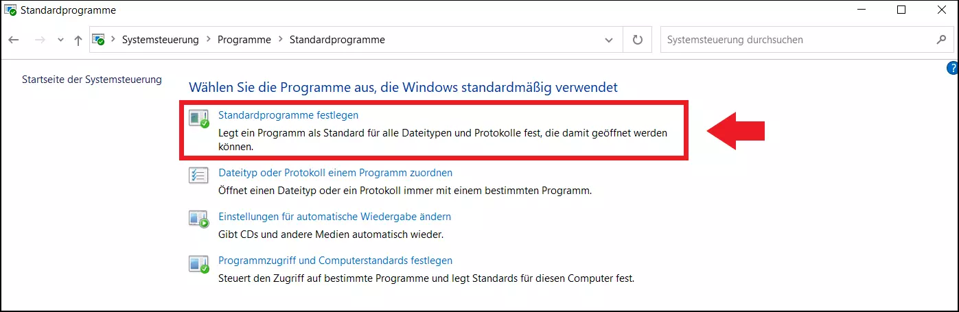 Windows-Systemsteuerung: Auswahl „Standardprogramme festlegen“