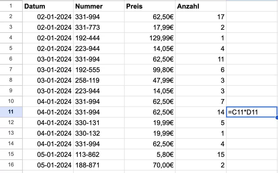 Screenshot einer angezeigten Formel in Google Sheets