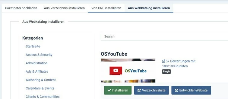 Installation der Joomla-Erweiterung OSYouTube im Backend