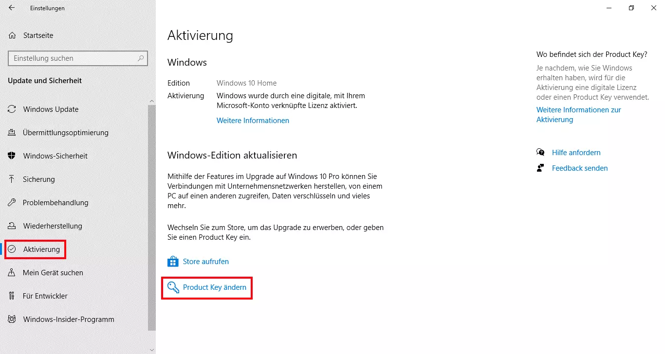 Windows-Aktivierung in den Einstellungen