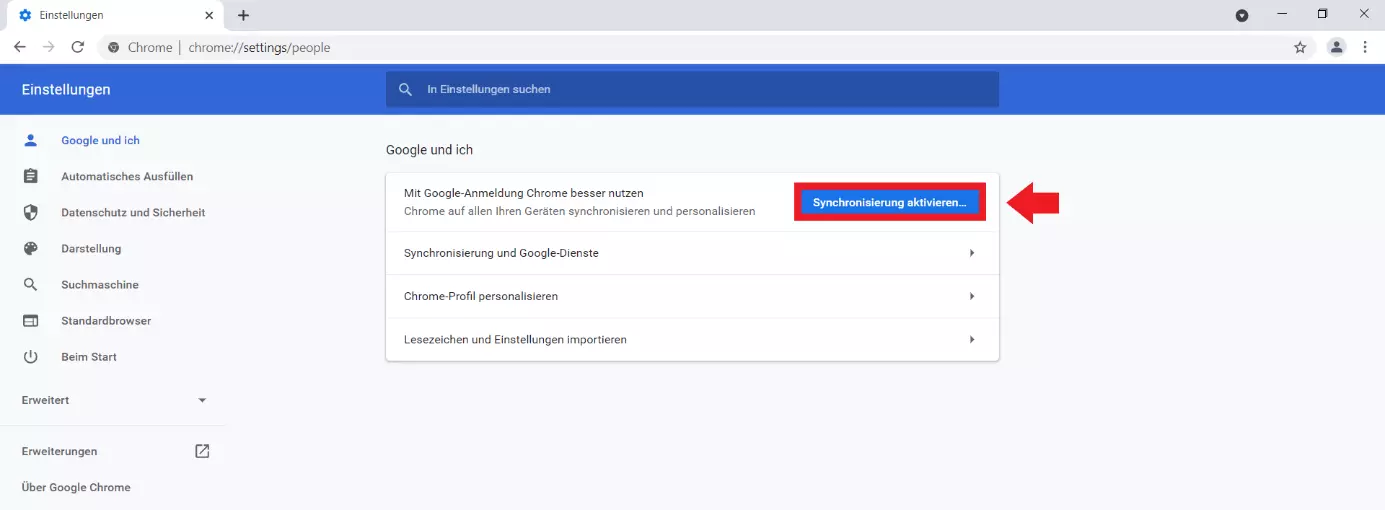 Google Chrome: Menü „Google und ich“, Option „Synchronisierung aktivieren...“