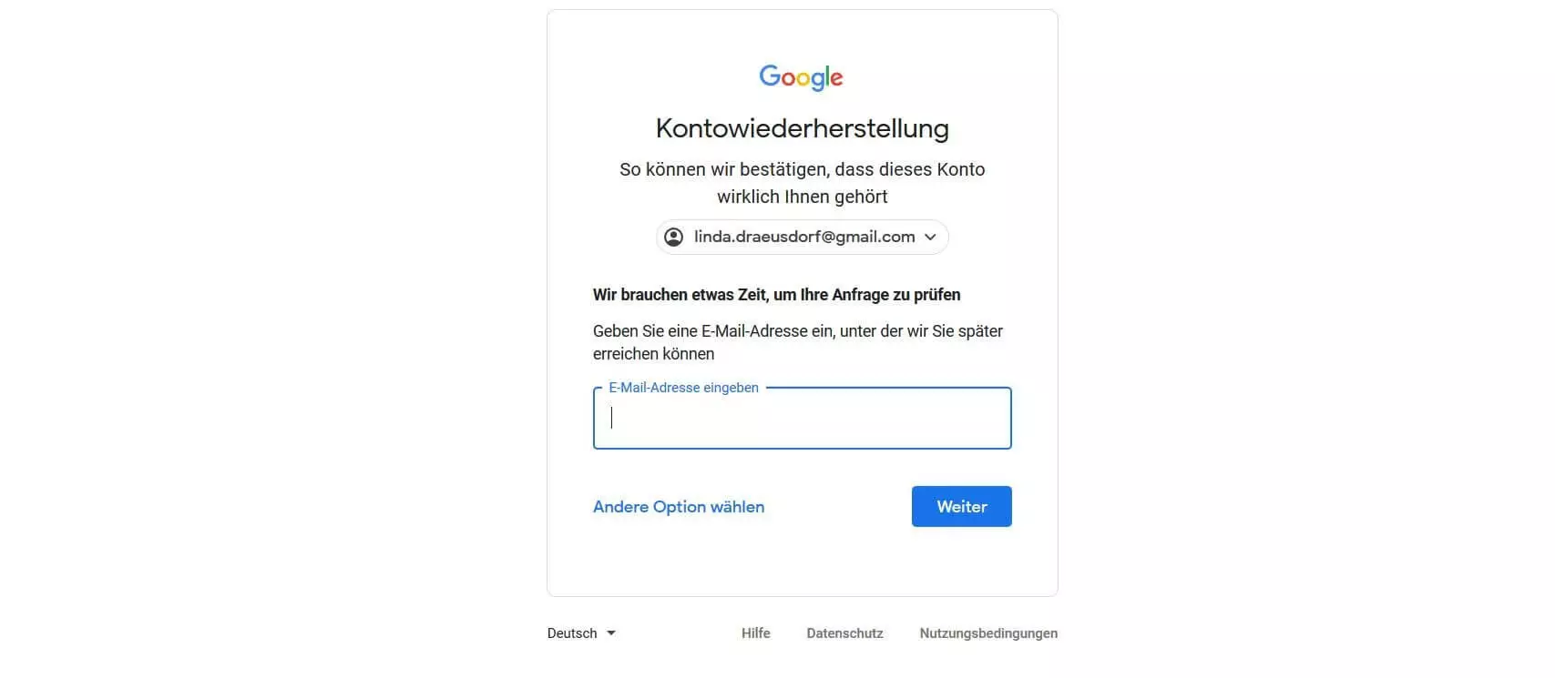 Google-Menü für die Eingabe einer aktuellen Mailadresse