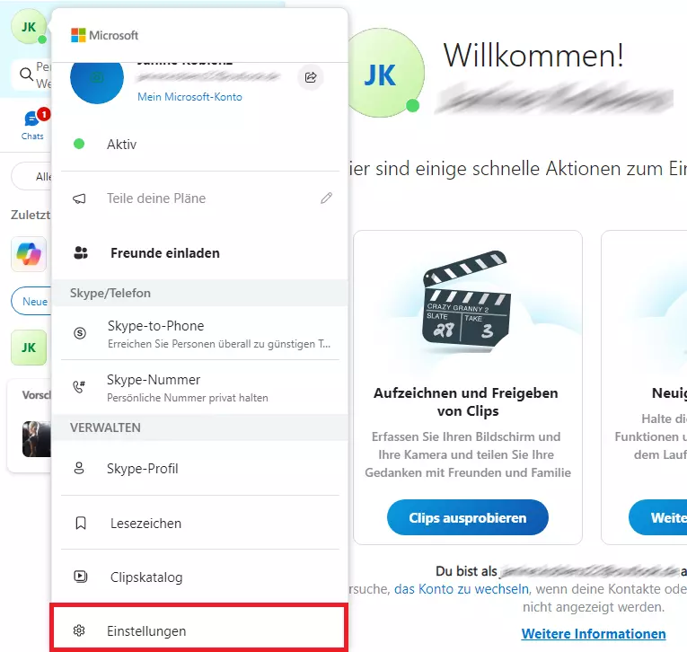 Skype: Menüpunkt „Einstellungen“