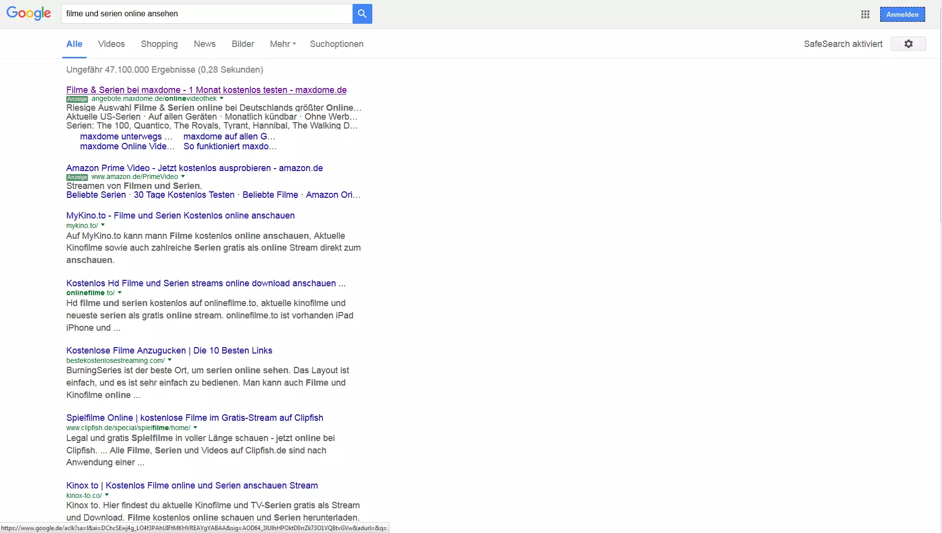 Google-Suchanfrage (Browseransicht): „Filme und Serien online ansehen“
