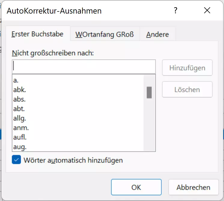 Outlook für Windows: AutoKorrektur-Ausnahmen