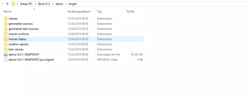 Generierte JAR-Datei im Maven-Ordner „target“ unter Windows 10