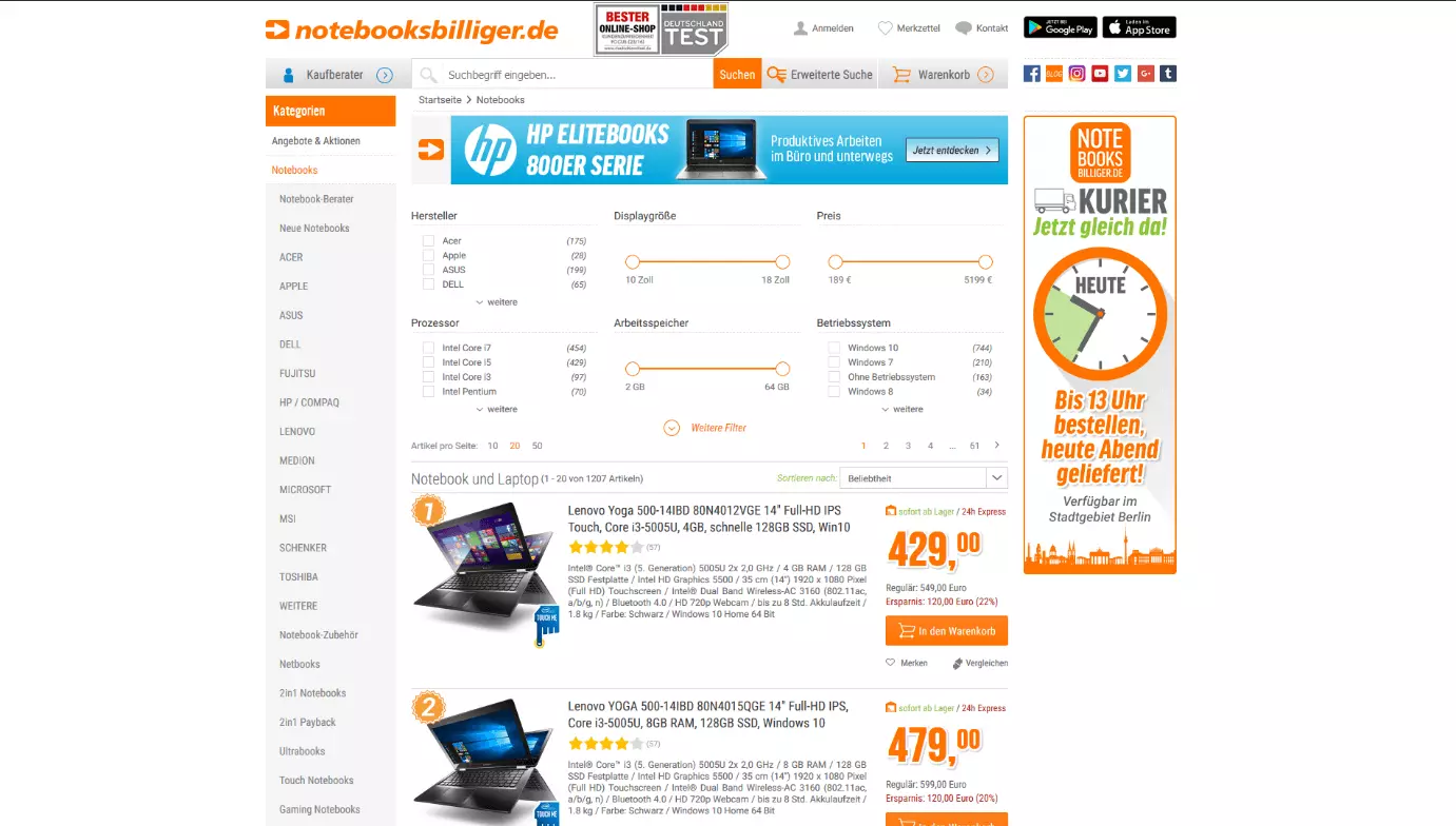 Notebooksbilliger.de Landingpage (Browseransicht)