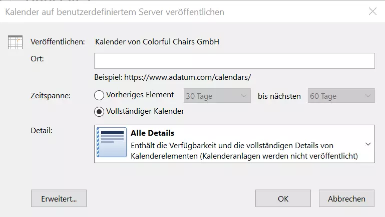 Outlook-Dialogfenster: „Kalender auf benutzerdefiniertem Server veröffentlichen“