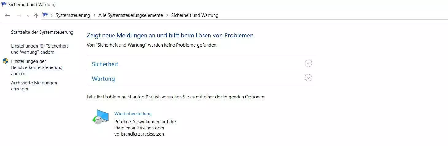 Menü Sicherheit und Wartung in Windows 10