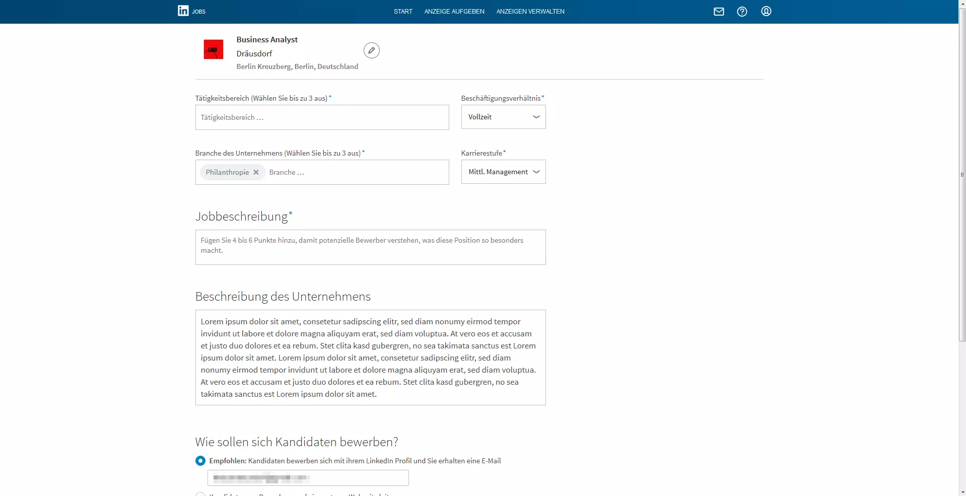 Bearbeitungsansicht einer Stellenausschreibung bei LinkedIn