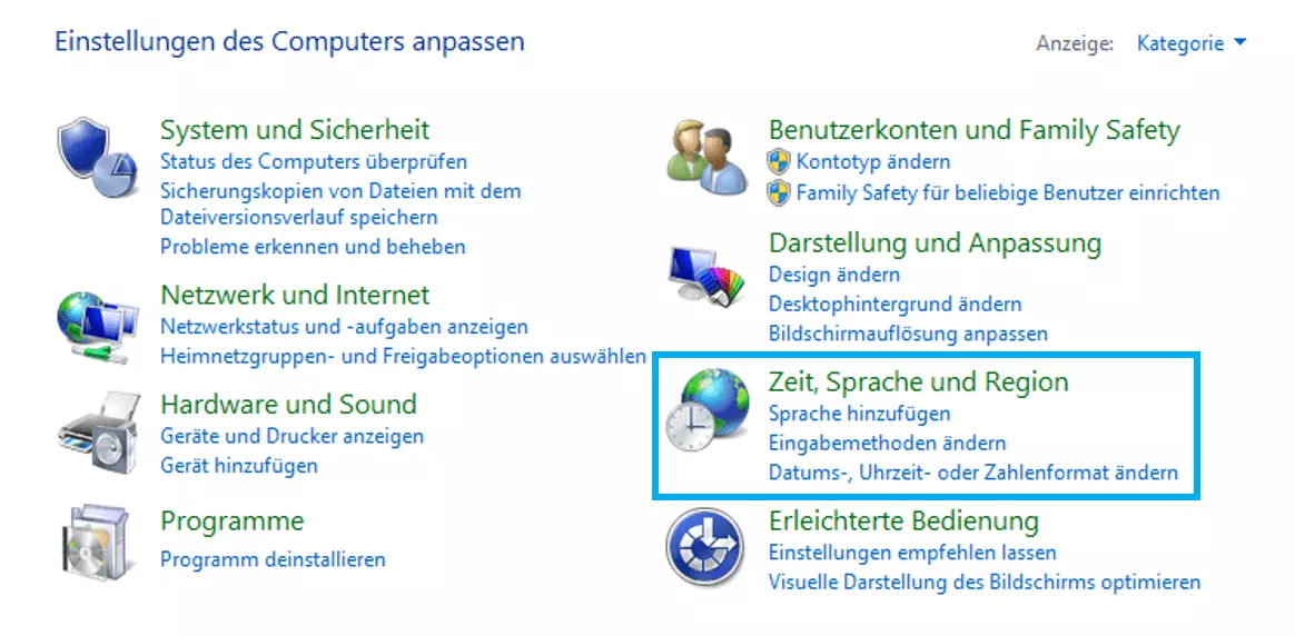 „Zeit, Sprache und Region“-Rubrik in der Windows-8-Systemsteuerung