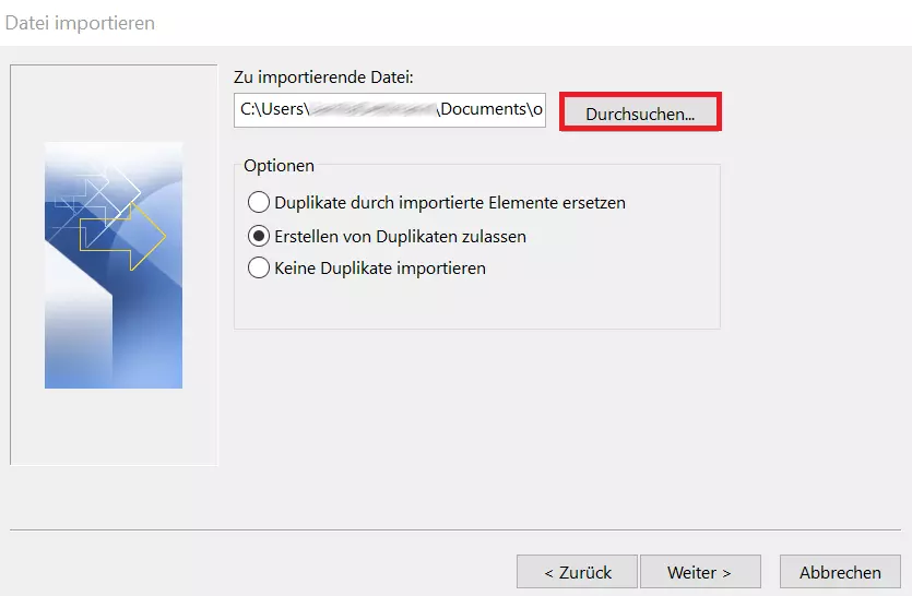 Outlook 365: Menü „Datei importieren“