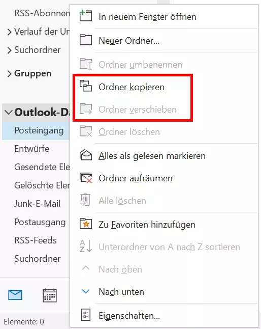 Optionen für die Organisation der neu angelegten Datendatei