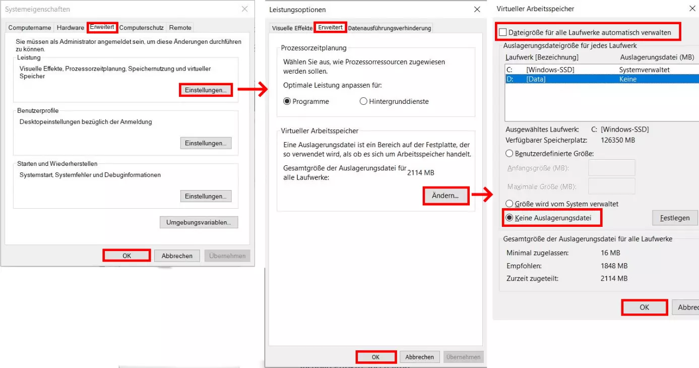 Windows 10 beschleunigen: Virtuellen Arbeitsspeicher deaktivieren