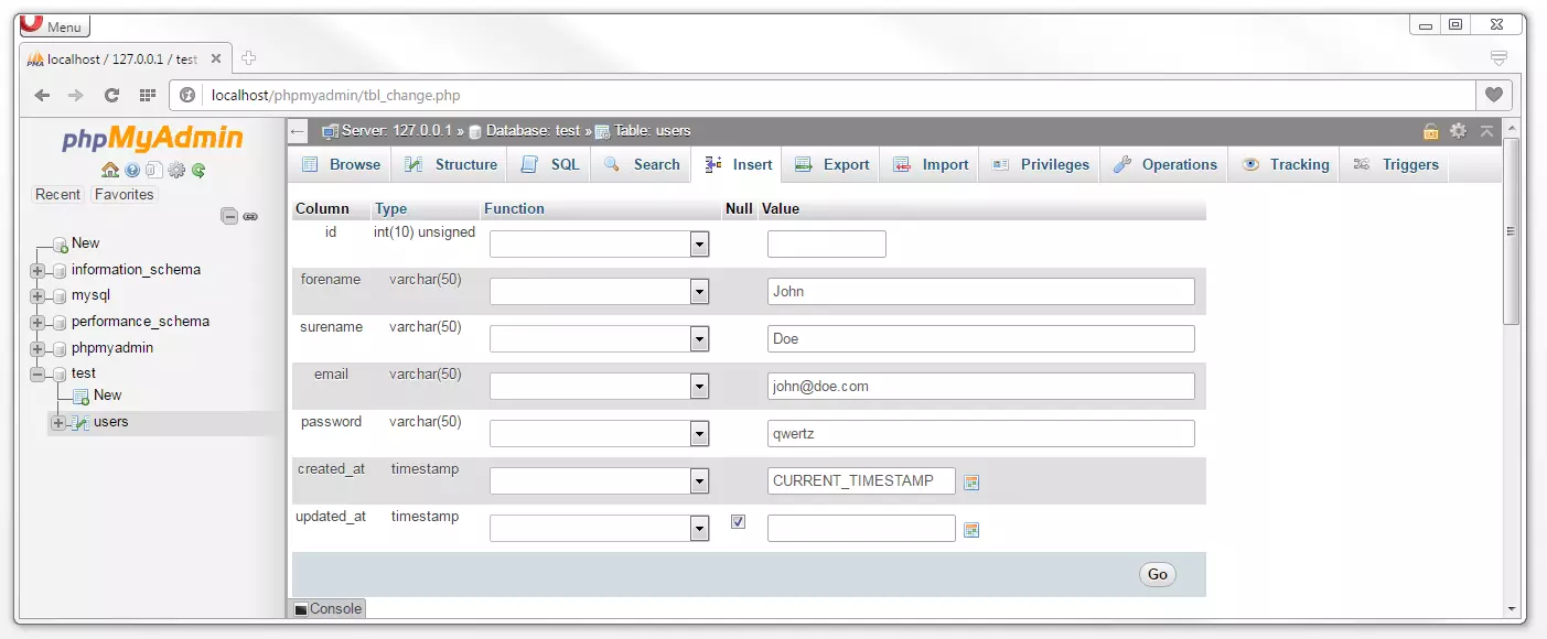 phpMyAdmin: Beispieldaten in der Eingabemaske