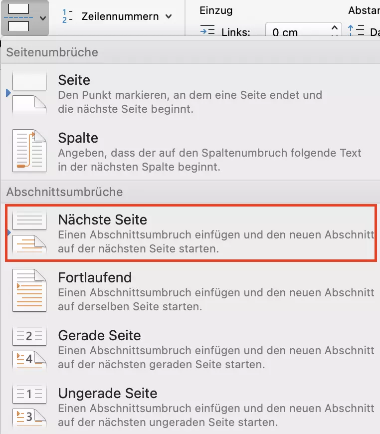 Im Word-Menü für Seitenumbrüche können Sie auch Abschnittsumbrüche einstellen