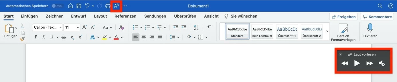 In Word aktivierte Funktion „Laut vorlesen“ mit Steuerungsmenü