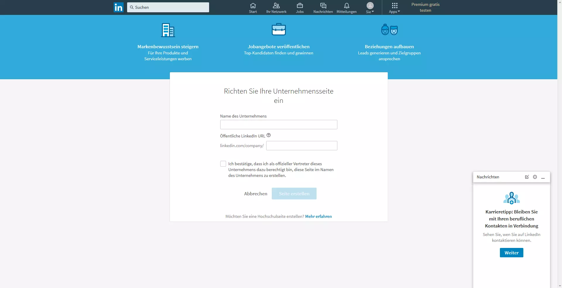 Eingabemaske zur Erstellung eines Unternehmensprofils in LinkedIn