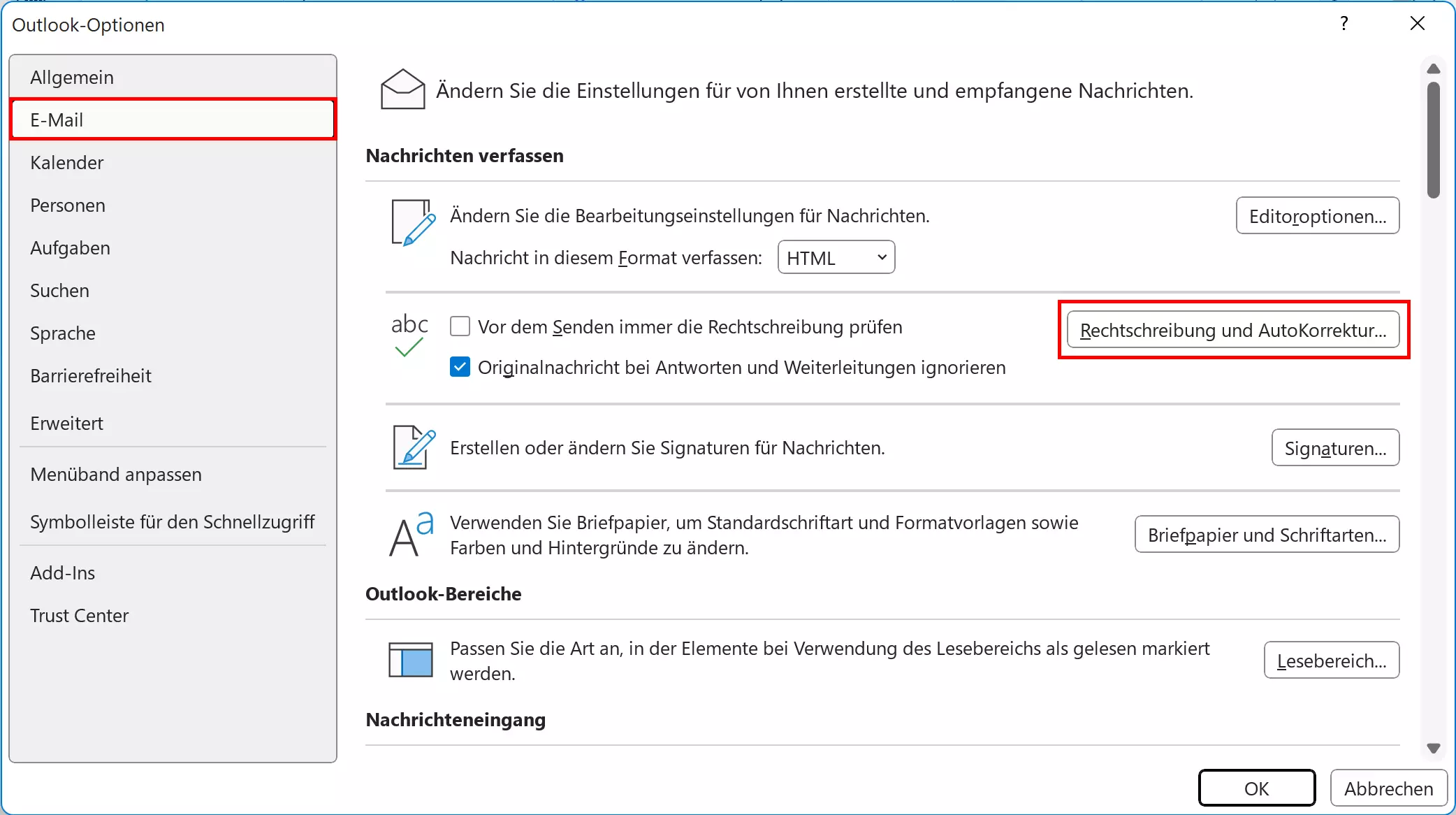 E-Mail-Rubrik in den Outlook-Optionen