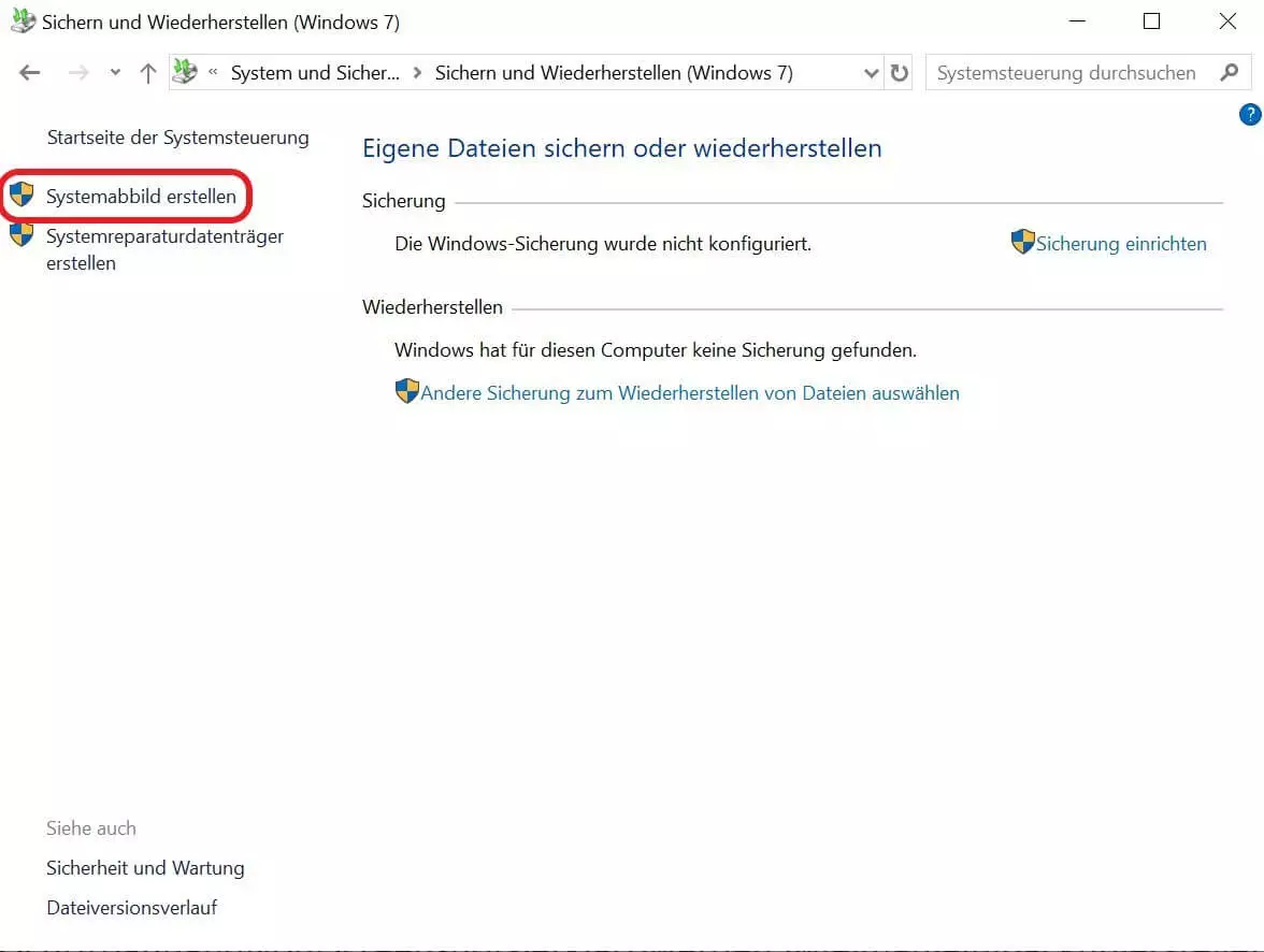 „Systemabbild erstellen“ in den Windows-10-Backup-Einstellungen