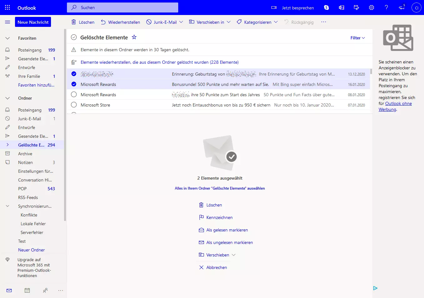 Gelöschte Elemente in Outlook.com 