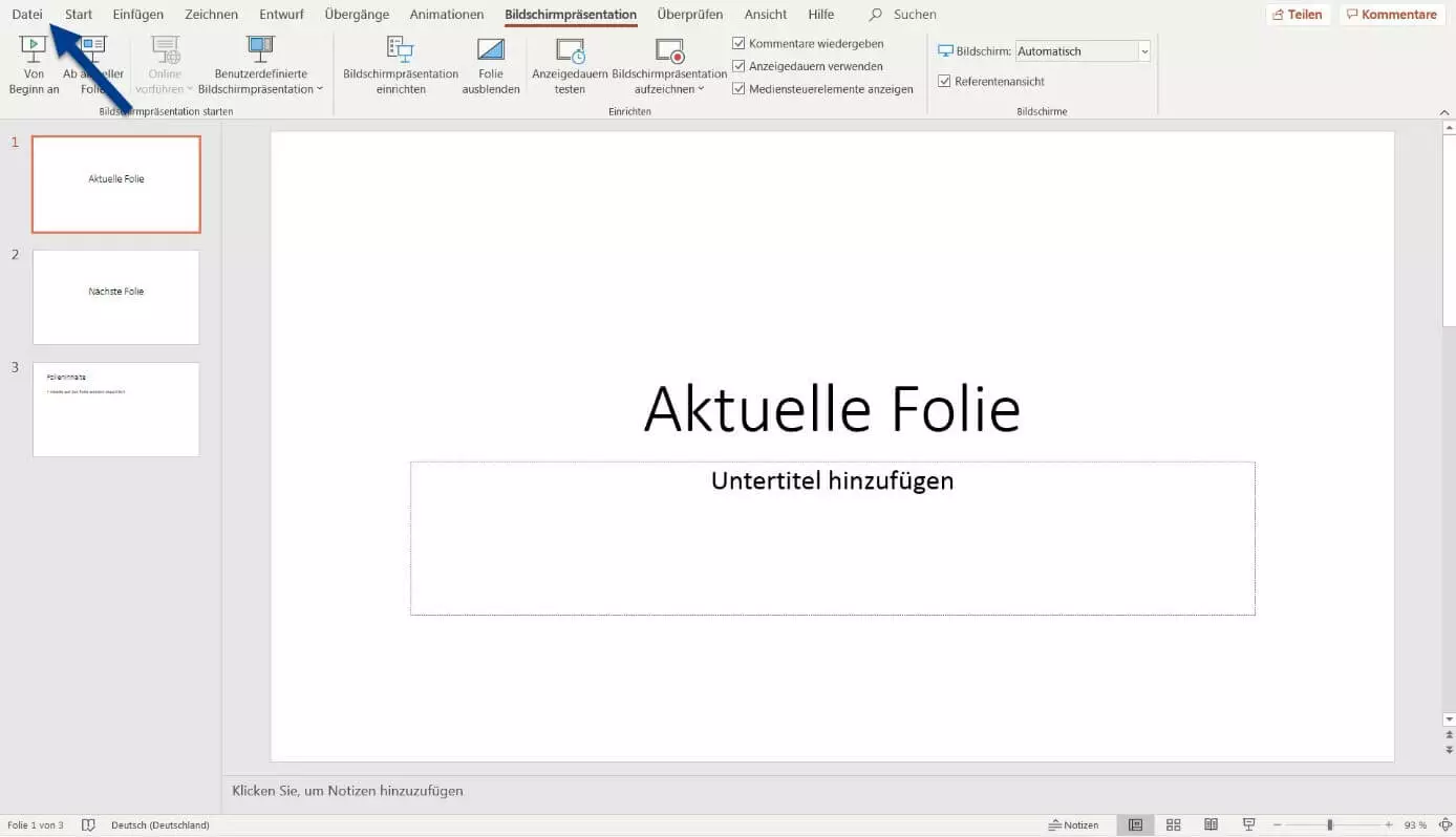 PowerPoint: Klick auf „Datei“, um Option zum Exportieren zu erreichen