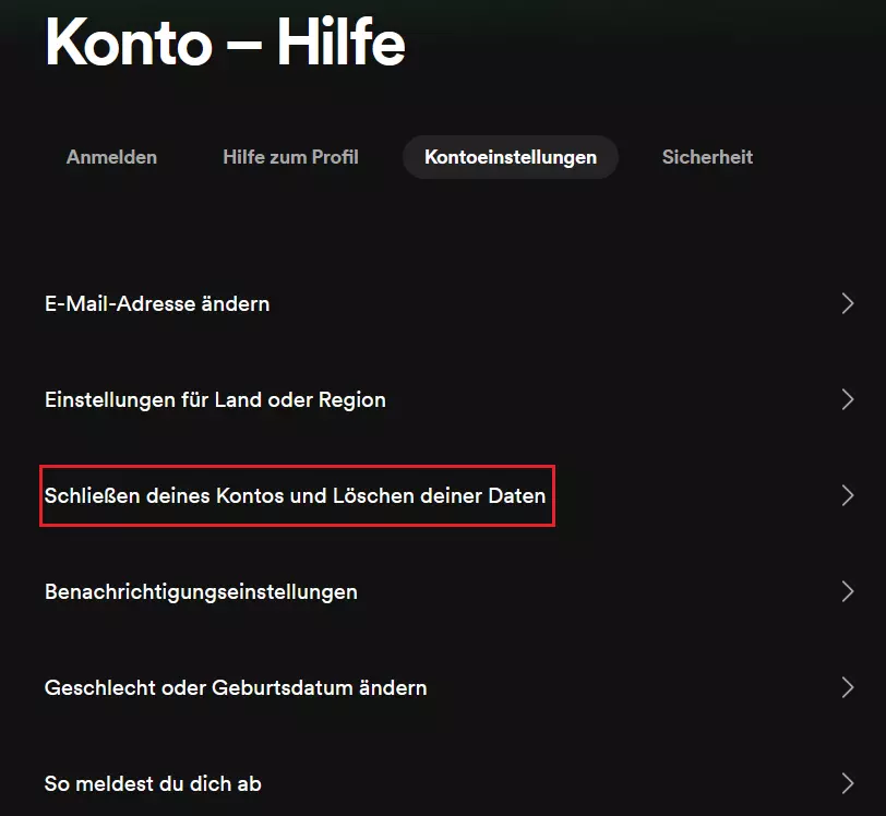 Account bei Spotify löschen: Reiter „Kontoeinstellungen“