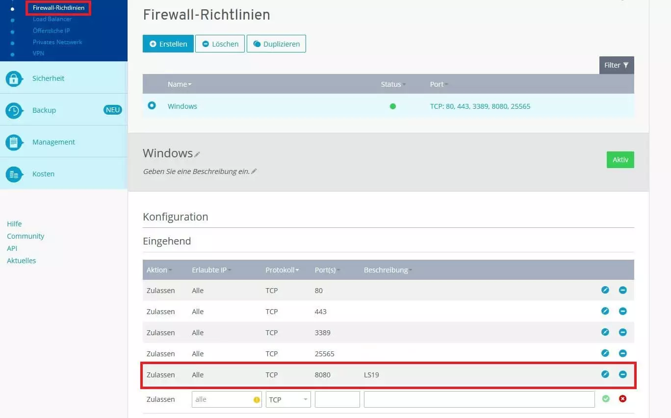 Firewall-Richtlinien im Control Panel von IONOS