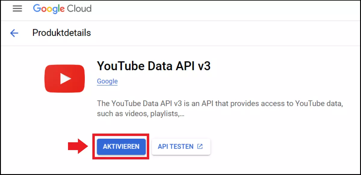 Aktivierung der ausgewählten YouTube APIs