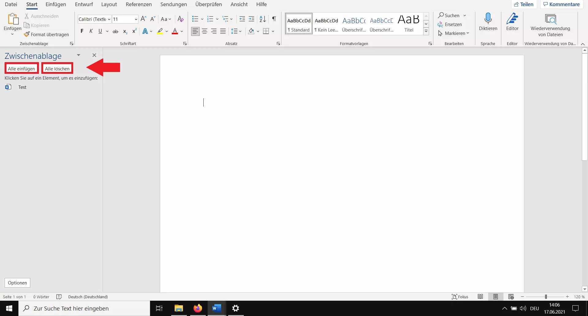 Zwischenablage-Optionen „Alle einfügen“ und „Alle löschen“ in Word