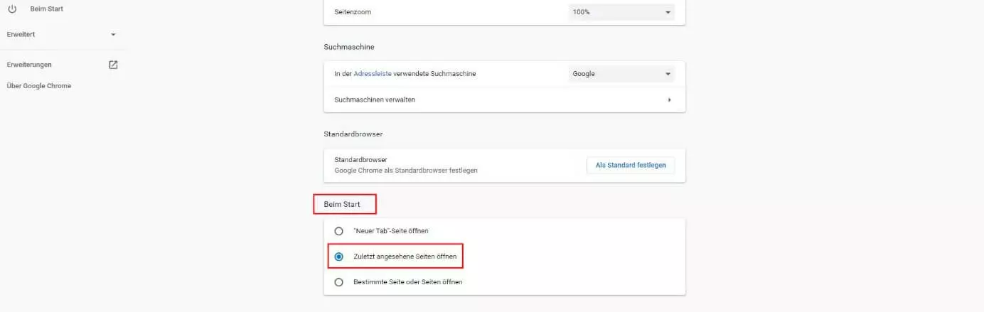 Chrome-Einstellungen: Rubrik „Beim Start“