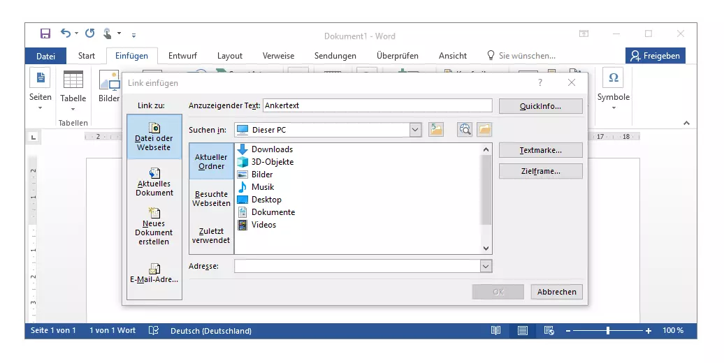 Microsoft Word: Das Fenster „Link einfügen“