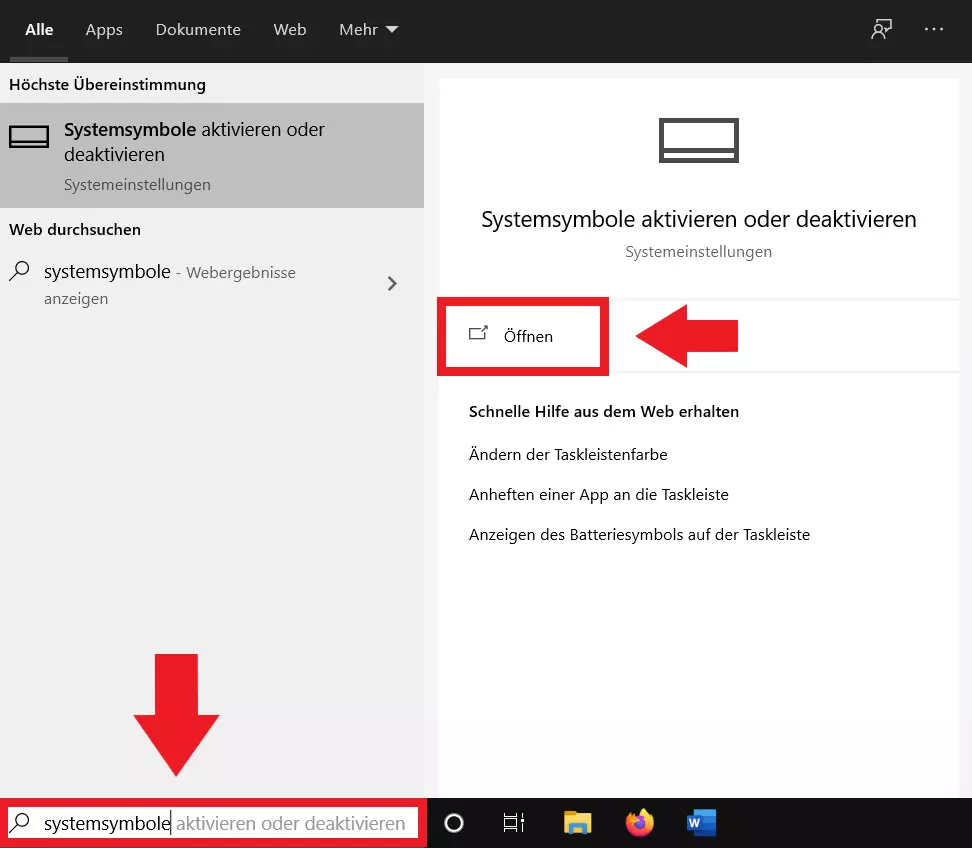 Geben Sie „Systemsymbole“ in die Windows-Suchleiste ein und öffnen Sie das Systemsymbole-Menü