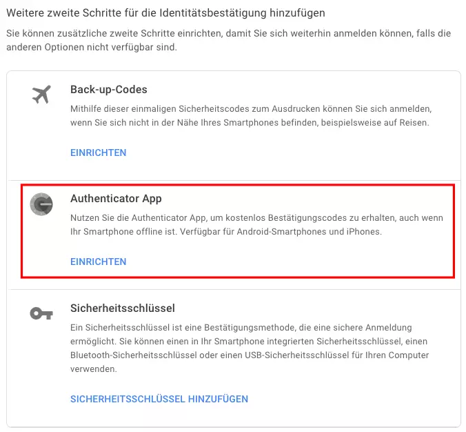 Google-Konto, Authenticator App auswählen