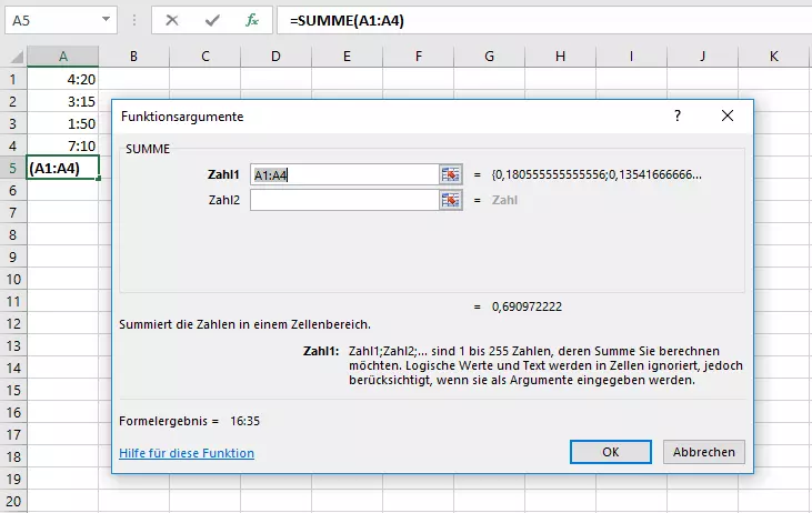 Fenster mit Eingabemöglichkeiten für die SUMME-Funktion, um in Excel Zeiten zu addieren