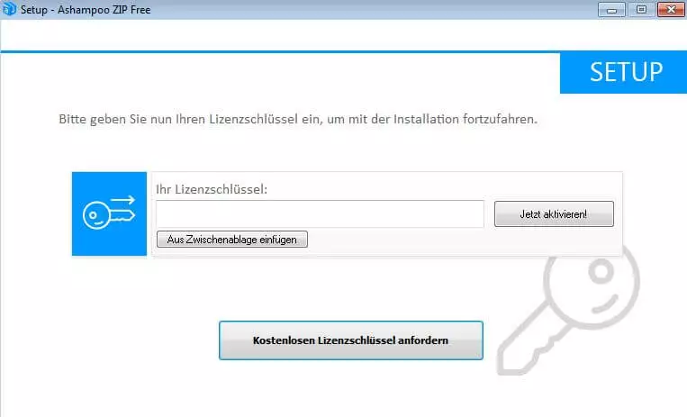 Eingabefeld für den Lizenzschlüssel für Ashampoo ZIP Free