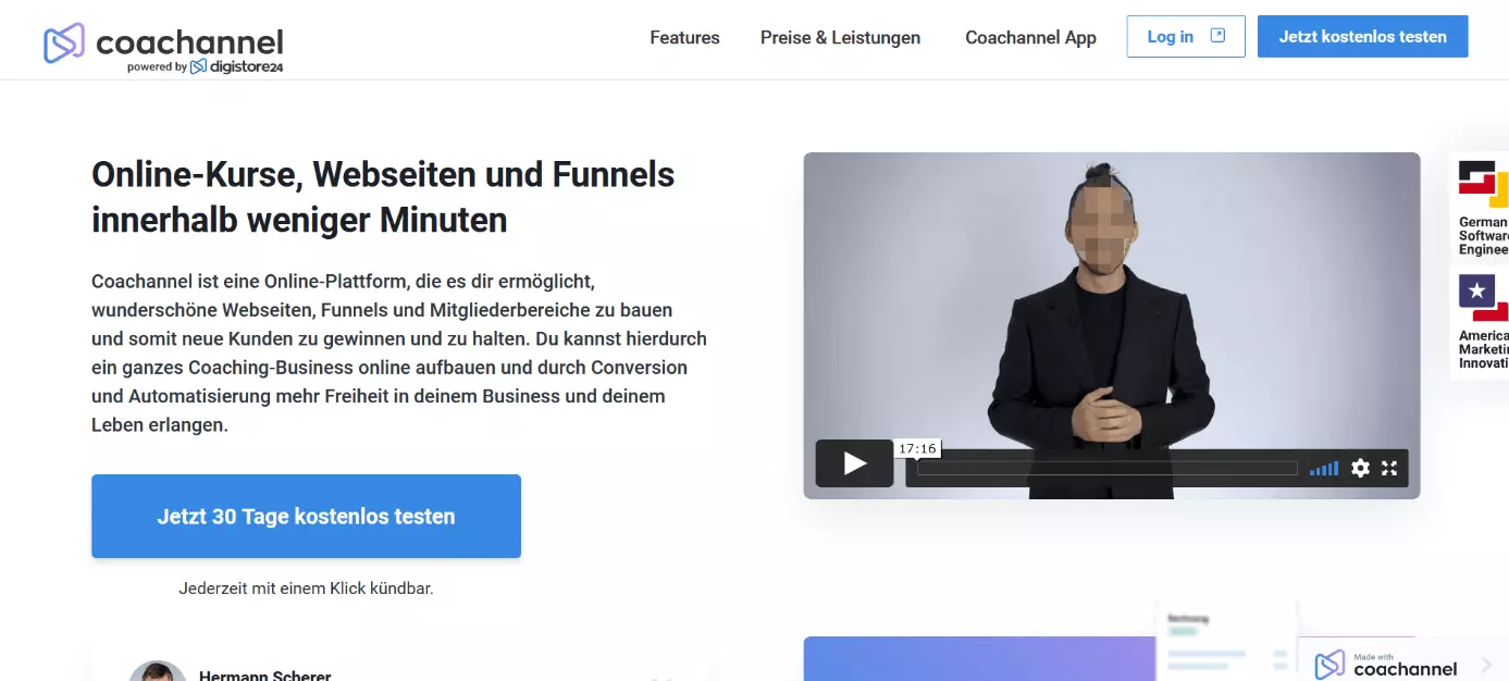 Screenshot von der Website der Onlineplattform Coachannel