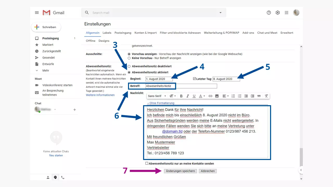 Gmail-Abwesenheitsnotiz einrichten: Details der Notiz festlegen