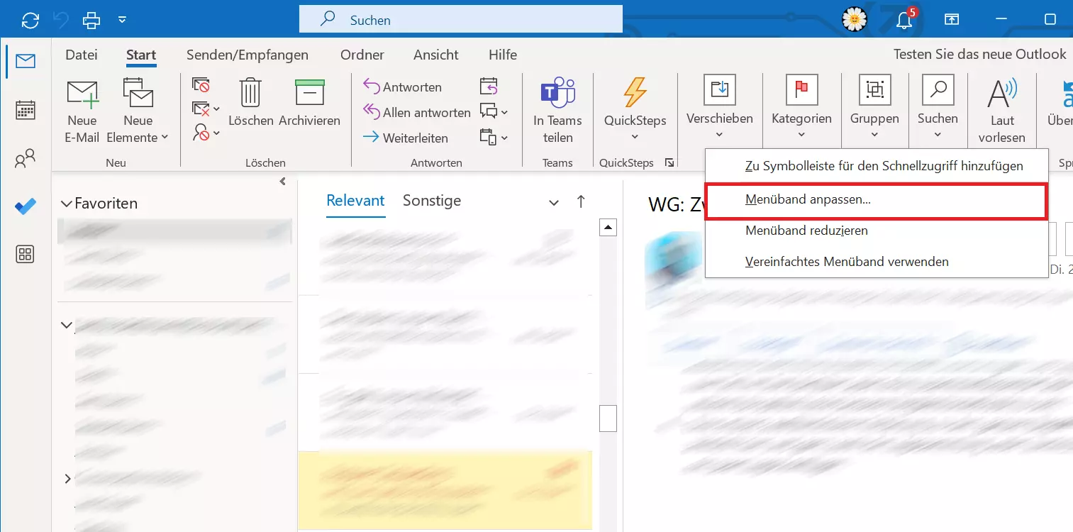 Alt-Text: Outlook mit dem geöffneten Menü „Menüband anpassen…“.