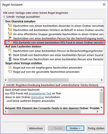 Outlook Regel-Assistent: Auswahl der Regelvorlage