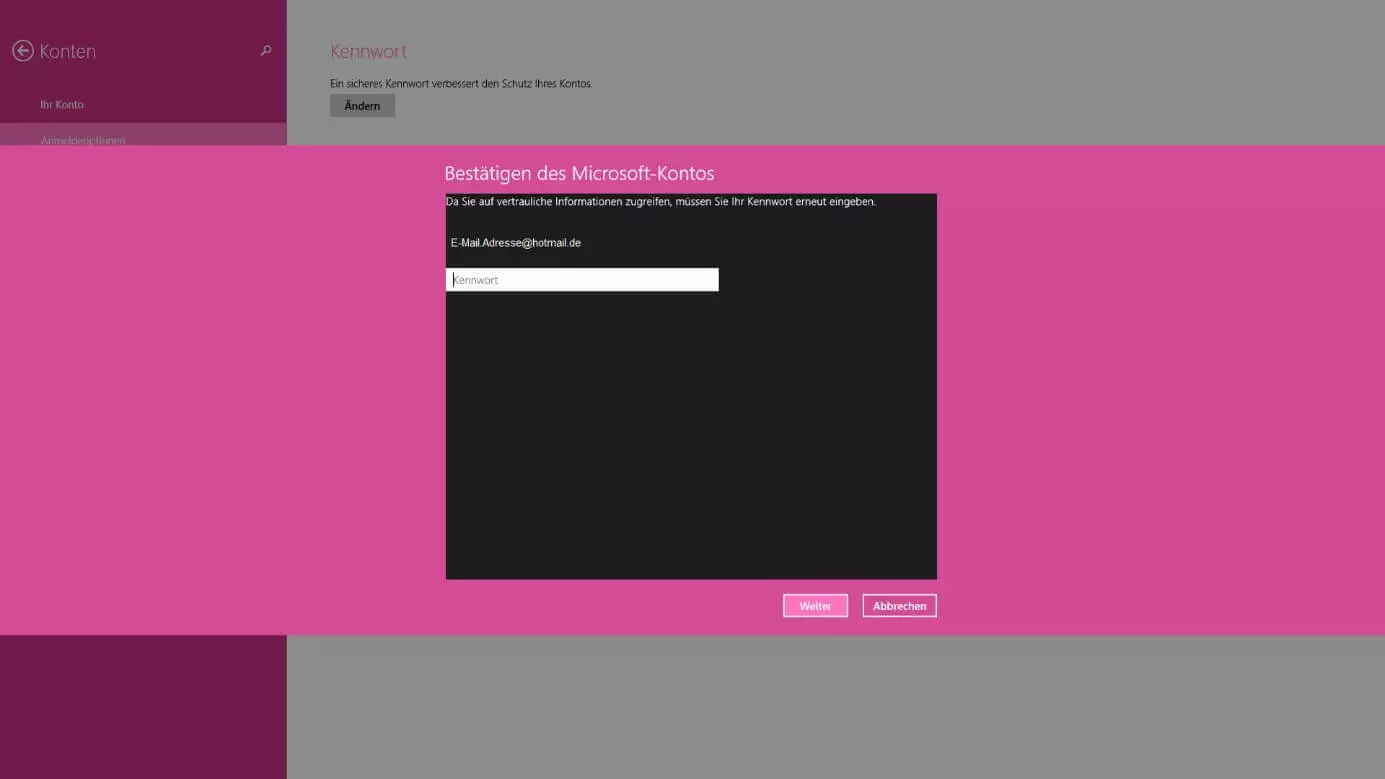 Passwort-Verifikation bei bereits vergebenem Passwort in Windows 8