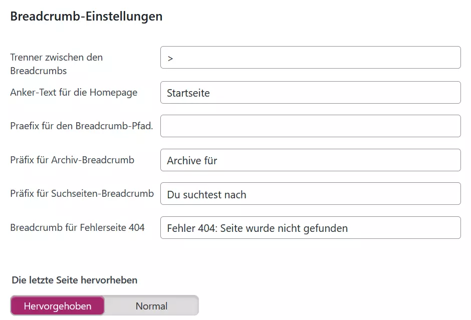 Screenshot von den Breadcrumb-Einstellungen von Yoast SEO in WordPress