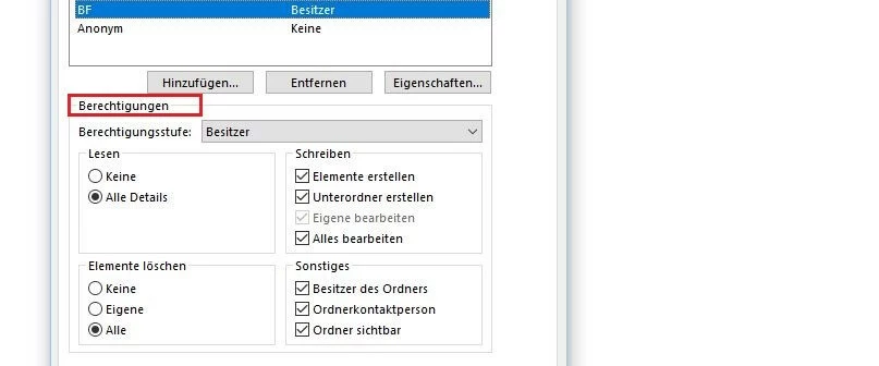 Outlook: Postfach-Berechtigungen