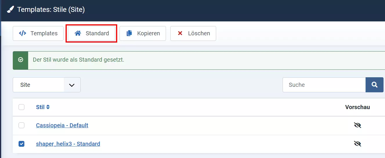 Joomla-Backend: Template als Standard setzen