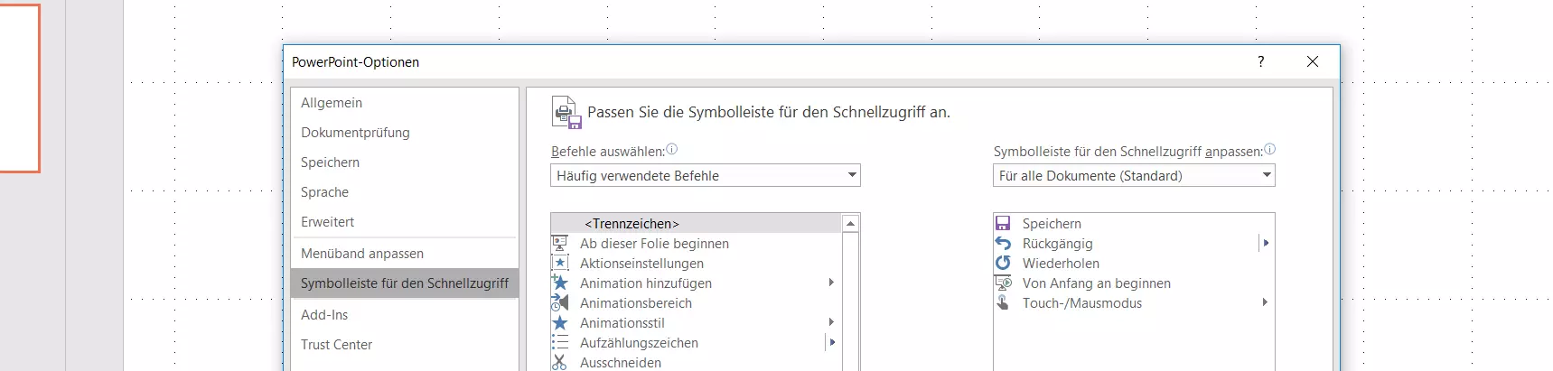 Menü zur Anpassung der PowerPoint-Schnellzugriffsleiste